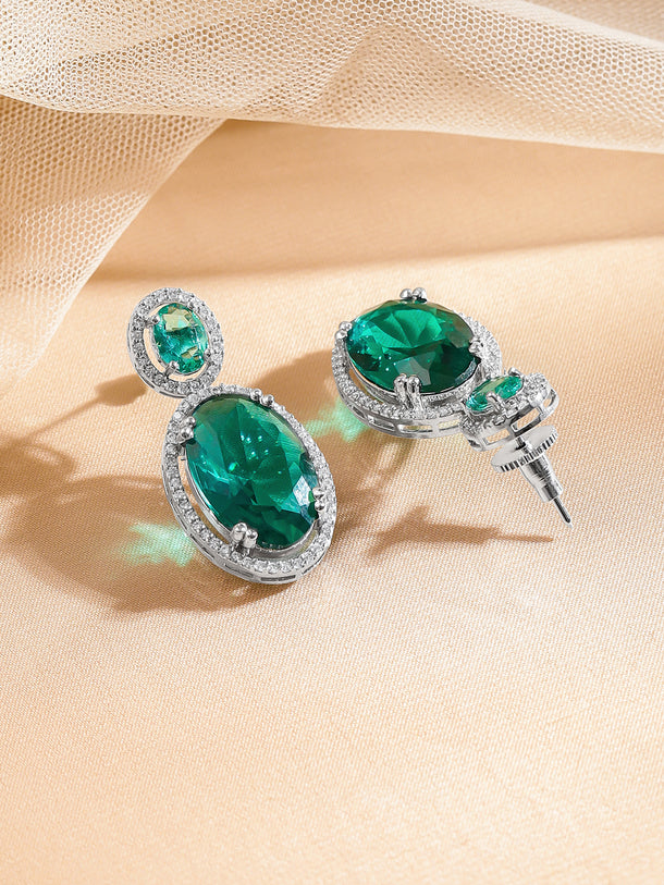 Emerald Glow Silver Drop Earrings