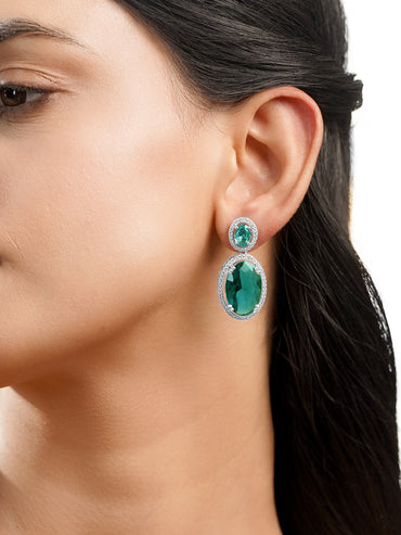 Emerald Glow Silver Drop Earrings