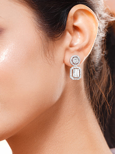 Rhodium Plated Regal Halo Sparkle Octagon Drop Earrings
