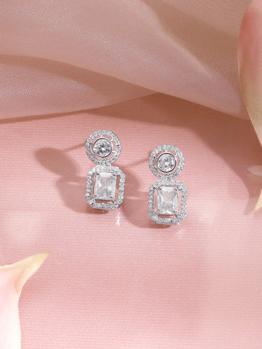Rhodium Plated Regal Halo Sparkle Octagon Drop Earrings