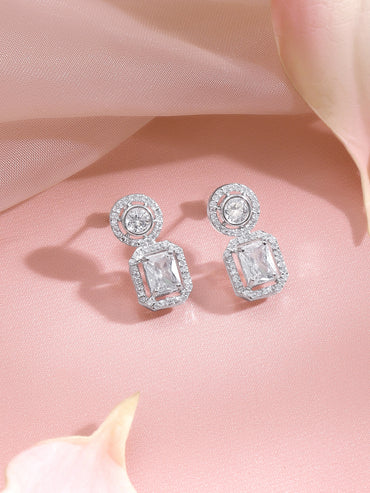 Rhodium Plated Regal Halo Sparkle Octagon Drop Earrings