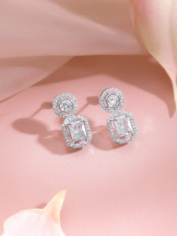 Rhodium Plated Regal Halo Sparkle Octagon Drop Earrings