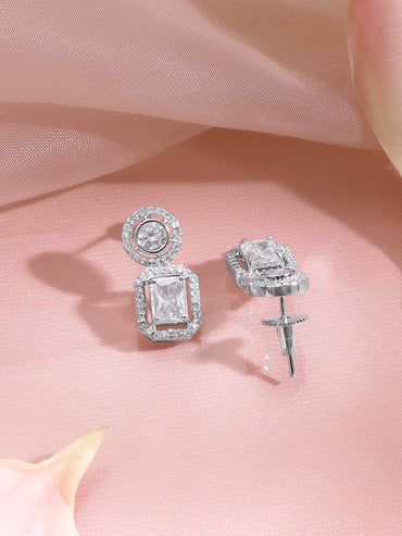 Rhodium Plated Regal Halo Sparkle Octagon Drop Earrings