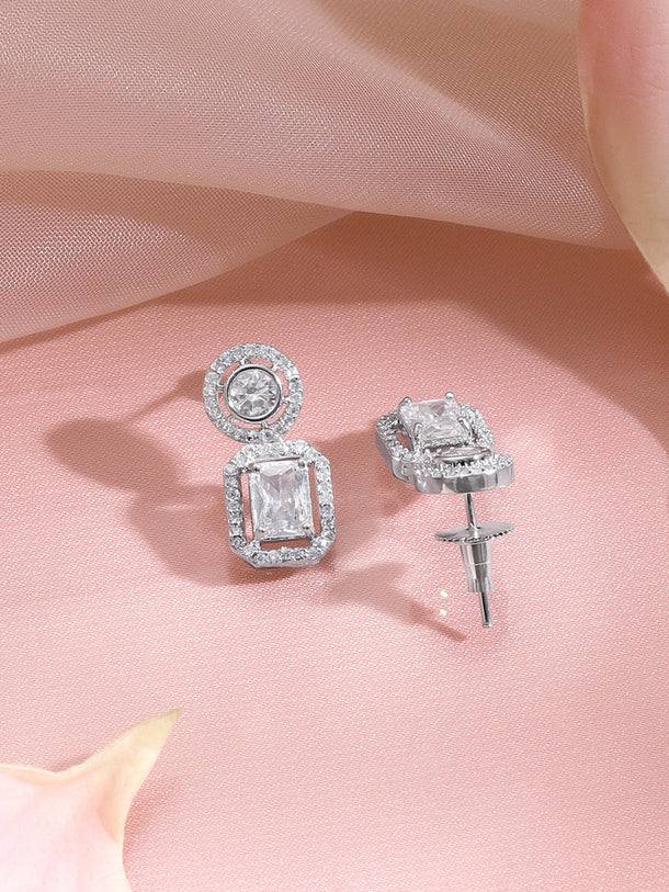 Rhodium Plated Regal Halo Sparkle Octagon Drop Earrings