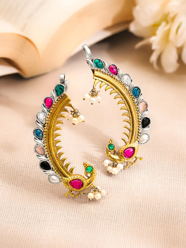 Gold Plated Brass Multicolour Kundan Pearl Dual Tone Ear Cuff Earrings