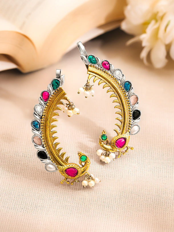 Gold Plated Brass Multicolour Kundan Pearl Dual Tone Ear Cuff Earrings