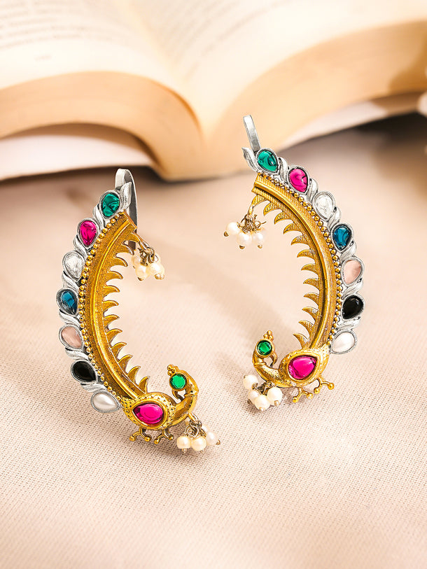 Gold Plated Brass Multicolour Kundan Pearl Dual Tone Ear Cuff Earrings