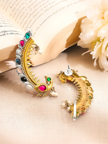 Gold Plated Brass Multicolour Kundan Pearl Dual Tone Ear Cuff Earrings