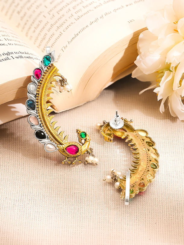 Gold Plated Brass Multicolour Kundan Pearl Dual Tone Ear Cuff Earrings