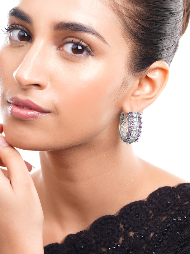 Rhodium Plated Crystal Zirconia Cutwork Hoop Earrings