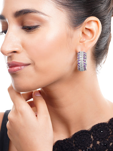 Rhodium Plated Crystal Zirconia Cutwork Hoop Earrings