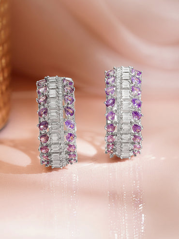 Rhodium Plated Crystal Zirconia Cutwork Hoop Earrings