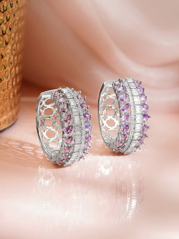 Rhodium Plated Crystal Zirconia Cutwork Hoop Earrings