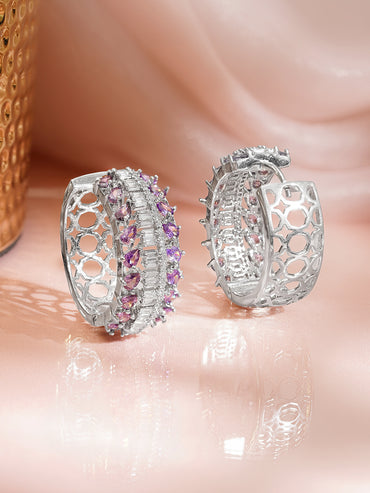 Rhodium Plated Crystal Zirconia Cutwork Hoop Earrings