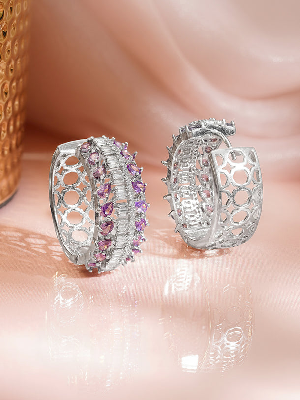 Rhodium Plated Crystal Zirconia Cutwork Hoop Earrings