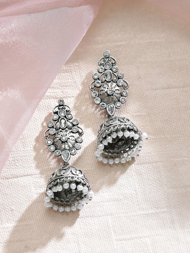 Rubans Handcrafted Oxidized Jhamka Earrings With White Stones and Pearls