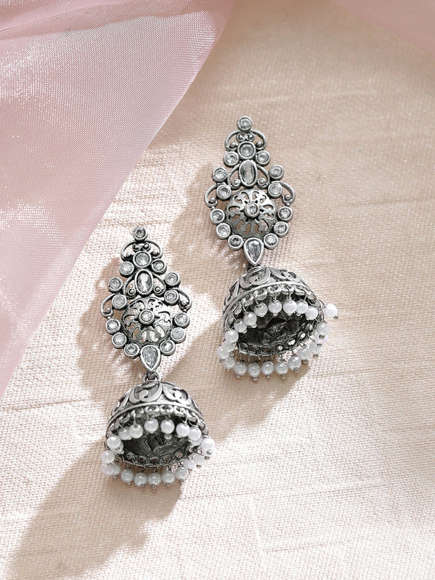 Rubans Handcrafted Oxidized Jhamka Earrings With White Stones and Pearls