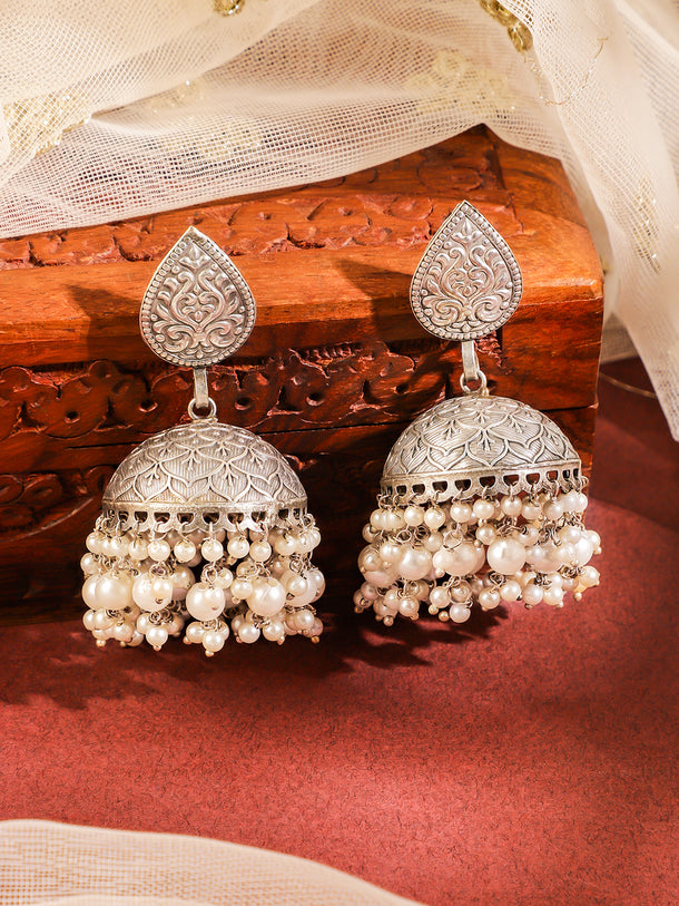 Floral Design Pearl Embellished Oxidised Jhumkas