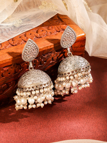 Floral Design Pearl Embellished Oxidised Jhumkas