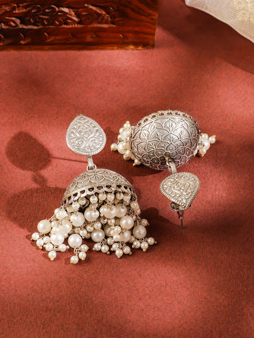 Floral Design Pearl Embellished Oxidised Jhumkas