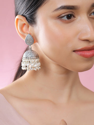 Floral Design Pearl Embellished Oxidised Jhumkas