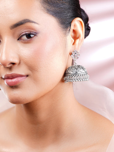 Oxidised Silver-Toned Pink Enamel Floral Jhumka Earrings