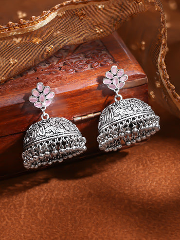 Oxidised Silver-Toned Pink Enamel Floral Jhumka Earrings