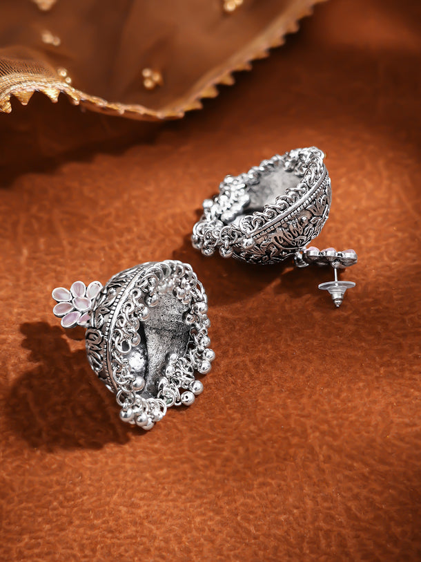 Oxidised Silver-Toned Pink Enamel Floral Jhumka Earrings