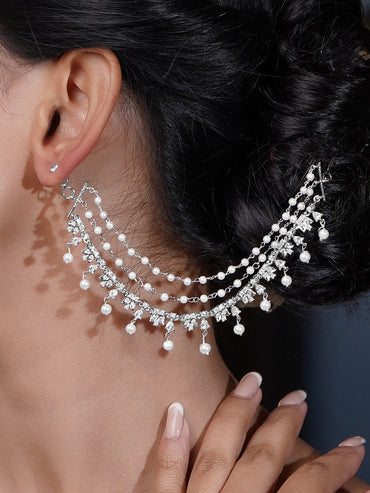 Rubans Rhodium Plated Brass CZ Studded Pearl Multilayer Ear Kaan Chain Earring
