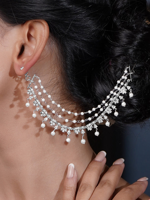 Rubans Rhodium Plated Brass CZ Studded Pearl Multilayer Ear Kaan Chain Earring