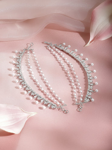 Rubans Rhodium Plated Brass CZ Studded Pearl Multilayer Ear Kaan Chain Earring
