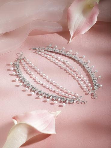 Rubans Rhodium Plated Brass CZ Studded Pearl Multilayer Ear Kaan Chain Earring