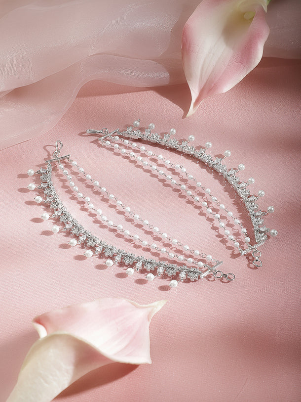 Rubans Rhodium Plated Brass CZ Studded Pearl Multilayer Ear Kaan Chain Earring