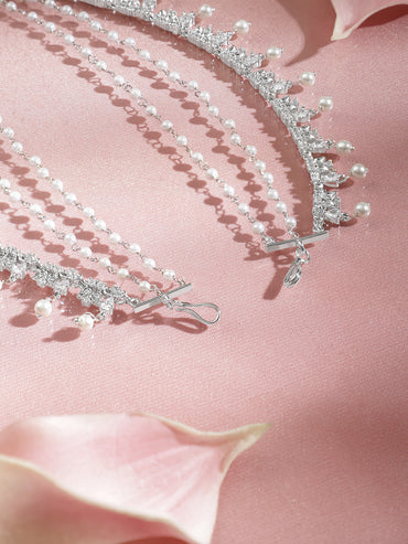 Rubans Rhodium Plated Brass CZ Studded Pearl Multilayer Ear Kaan Chain Earring