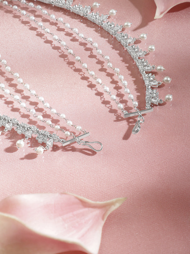 Rubans Rhodium Plated Brass CZ Studded Pearl Multilayer Ear Kaan Chain Earring