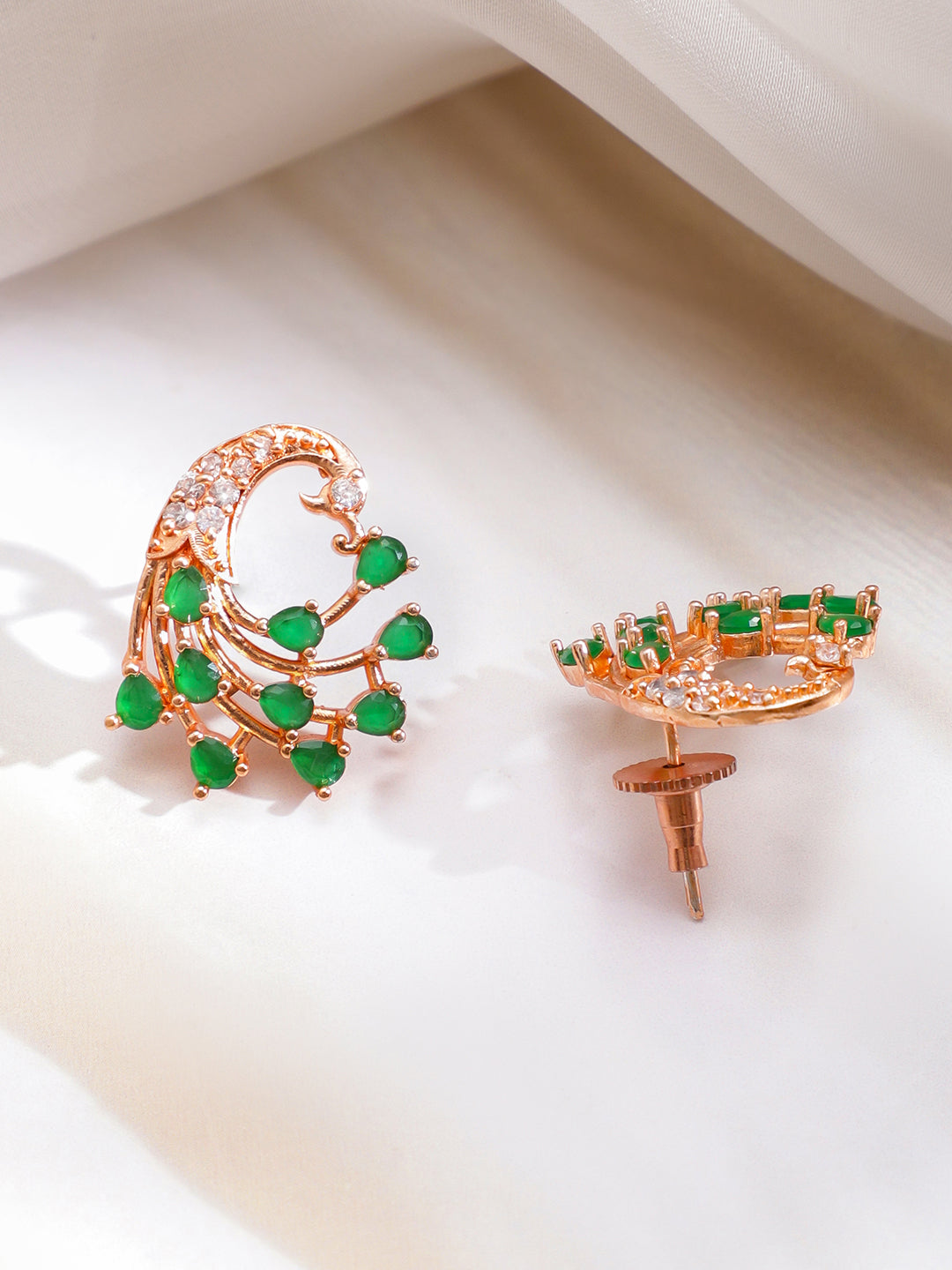 Rubans 18K Rose Gold-Plated Brass Emerald Green AD Stone & Cubic Zirconia Stud Earrings