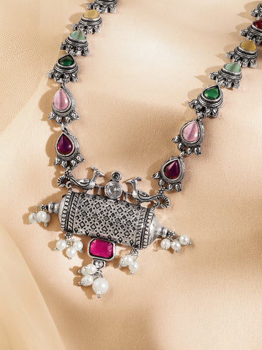 Rubans Oxidized Silver-Plated Multicolor Stone & Pearl Beaded Tribal Motif Necklace for Women