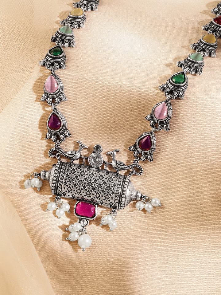 Rubans Oxidized Silver-Plated Multicolor Stone & Pearl Beaded Tribal Motif Necklace for Women