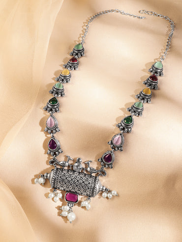 Rubans Oxidized Silver-Plated Multicolor Stone & Pearl Beaded Tribal Motif Necklace for Women