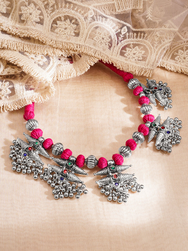 Oxidised Silver Tone Pink Thread Tribal Charm Statement Necklace
