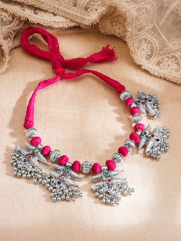 Oxidised Silver Tone Pink Thread Tribal Charm Statement Necklace