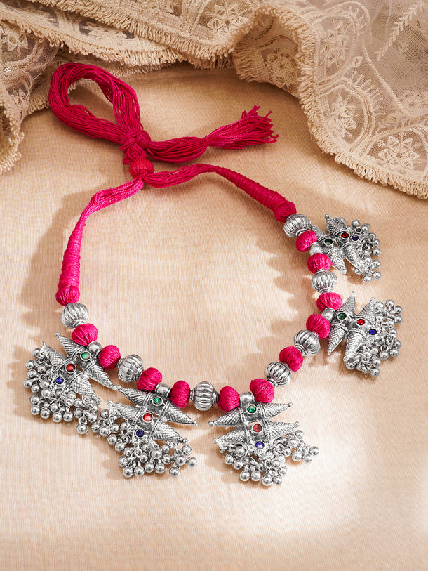 Oxidised Silver Tone Pink Thread Tribal Charm Statement Necklace