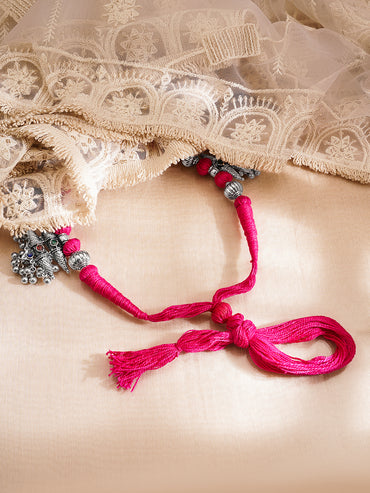 Oxidised Silver Tone Pink Thread Tribal Charm Statement Necklace