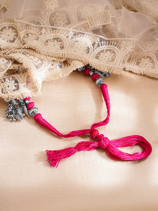 Oxidised Silver Tone Pink Thread Tribal Charm Statement Necklace