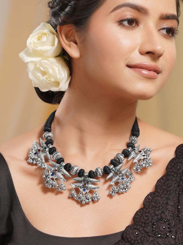 Oxidised Silver Tone Black Thread Tribal Charm Statement Necklace