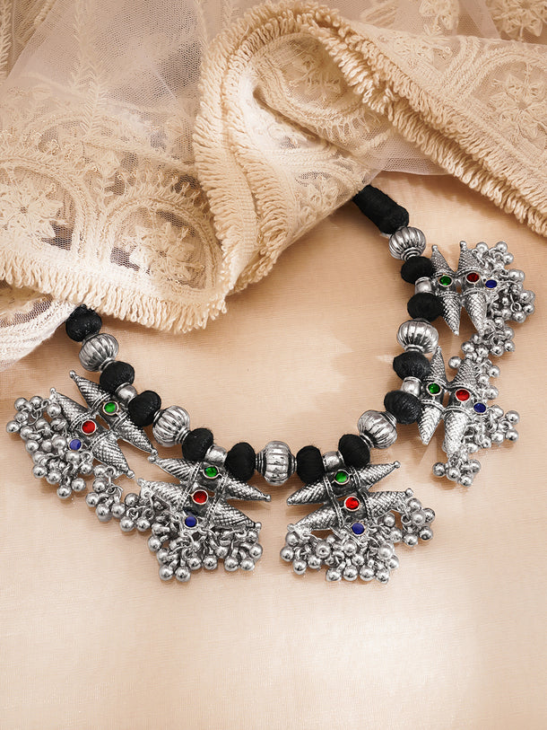 Oxidised Silver Tone Black Thread Tribal Charm Statement Necklace