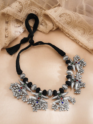 Oxidised Silver Tone Black Thread Tribal Charm Statement Necklace