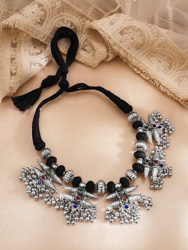 Oxidised Silver Tone Black Thread Tribal Charm Statement Necklace