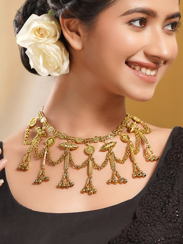 Oxidised Gold Tone Black Thread Tribal Chain Statement Necklace