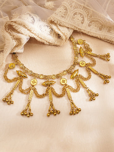 Oxidised Gold Tone Black Thread Tribal Chain Statement Necklace